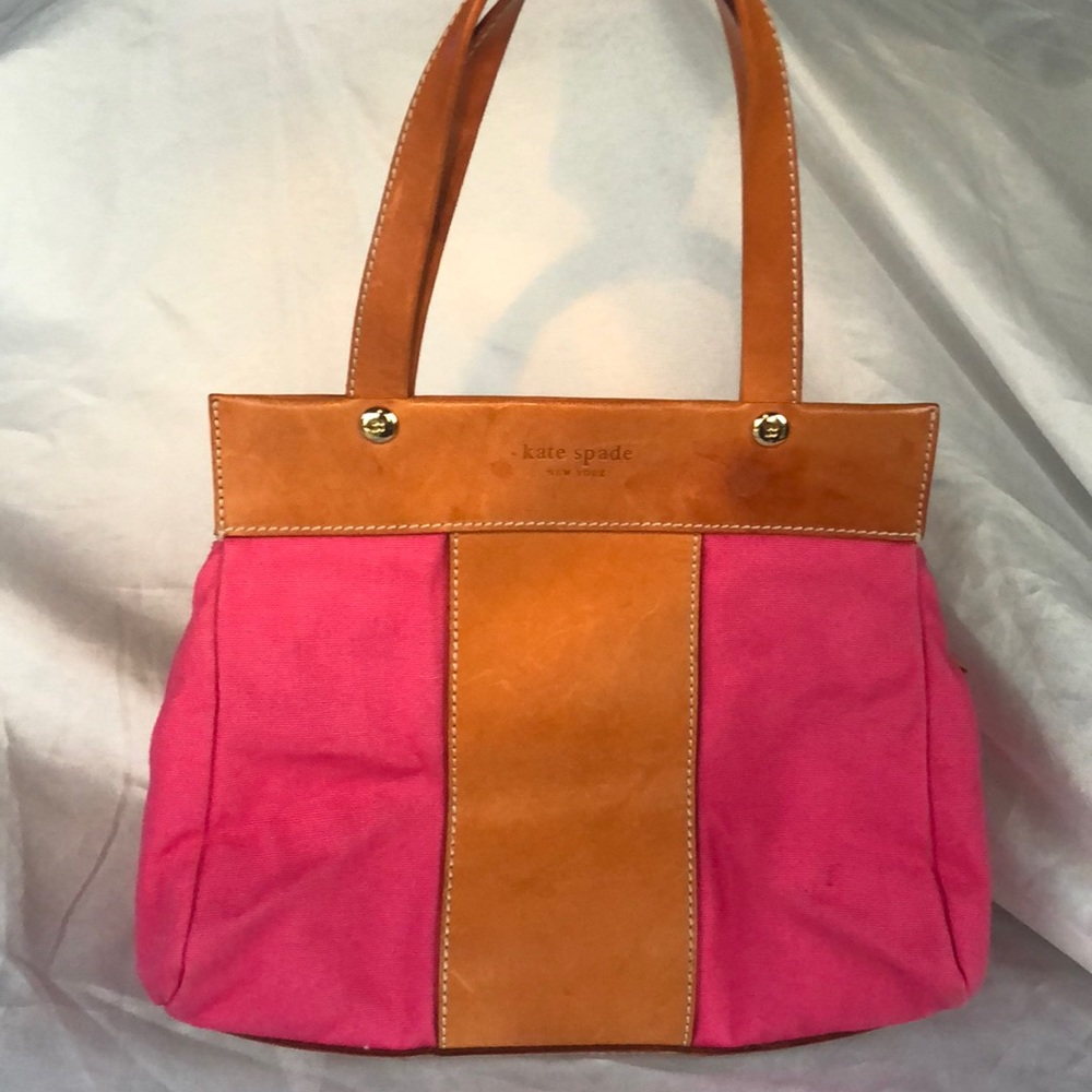 RARE VINTAGE KATE SPADE! Hot pink canvas and honey leather, well loved/cared for